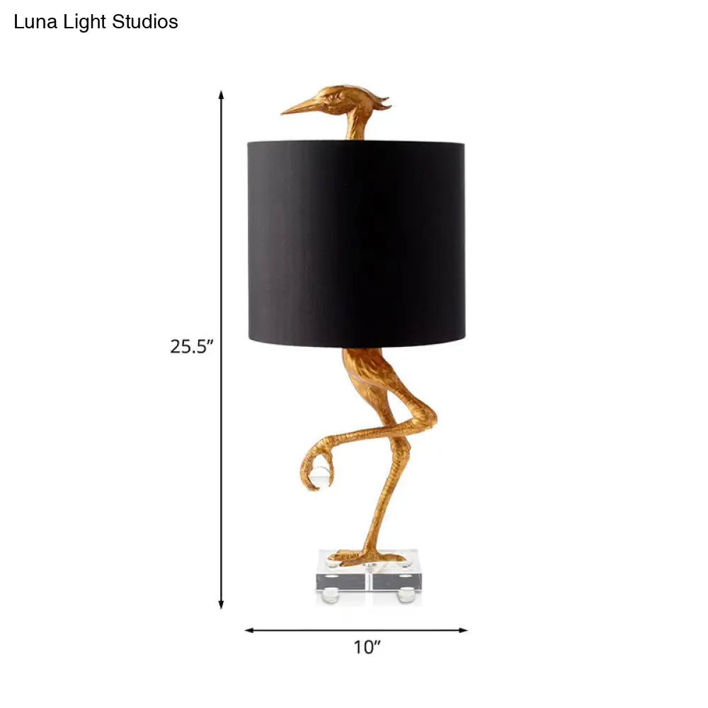 Golden Ostrich Resin Night Table Light - Classic Bedroom Lamp With Fabric Shade