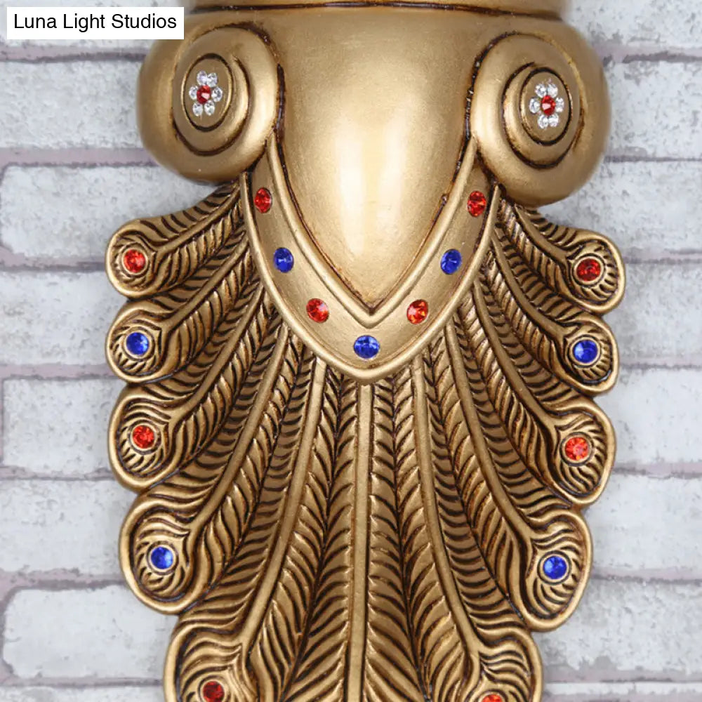 Golden Peacock Tail Wall Sconce - Stylish Country Lamp With Opal Glass Shade