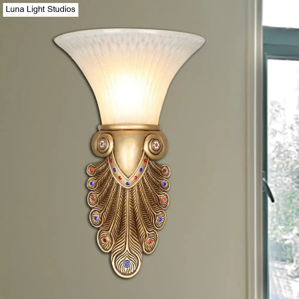 Golden Peacock Tail Wall Sconce - Stylish Country Lamp With Opal Glass Shade