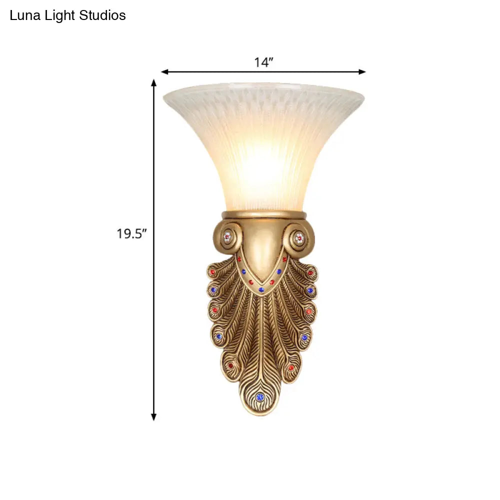 Golden Peacock Tail Wall Sconce - Stylish Country Lamp With Opal Glass Shade