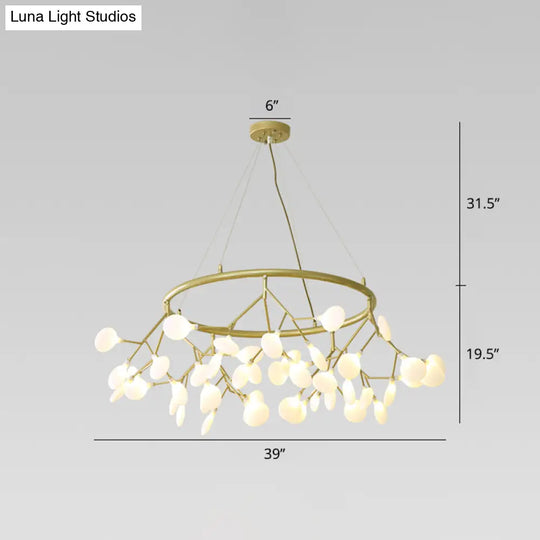 Golden Pendant Chandelier With Leaf Acrylic Shade - 45-Bulb Artistic Living Room Lamp