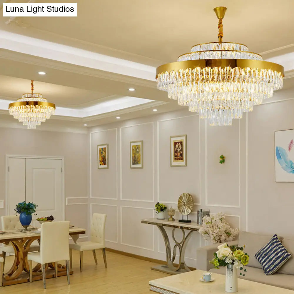 Golden Crystal Rectangle Layers Chandelier: Postmodern Suspension Light For Living Room