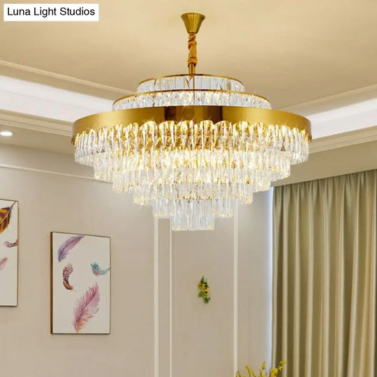 Golden Crystal Rectangle Layers Chandelier: Postmodern Suspension Light For Living Room