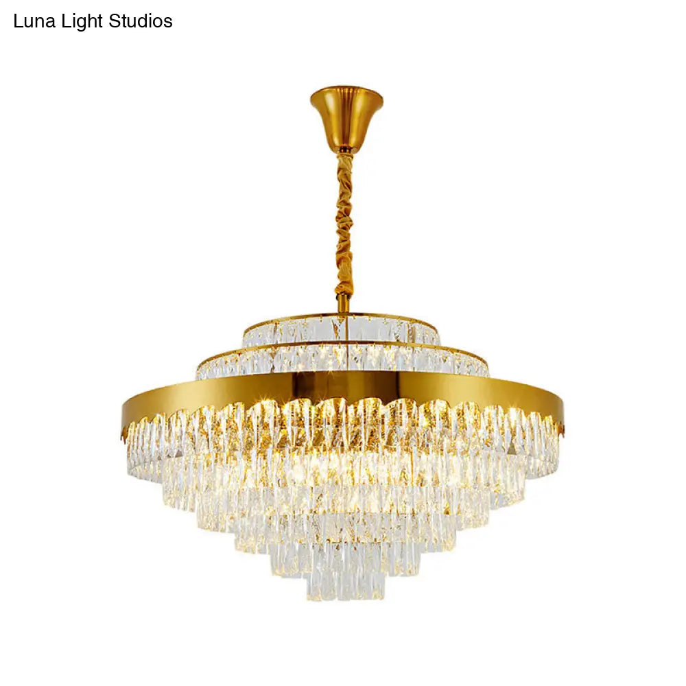 Golden Crystal Rectangle Layers Chandelier: Postmodern Suspension Light For Living Room