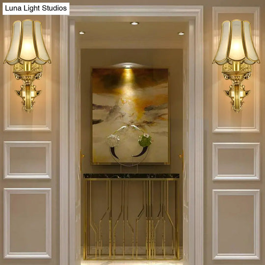 Golden Retro Sconce Light With Metallic Flared Beveled Glass Shade - Curved Arm Wall Lighting