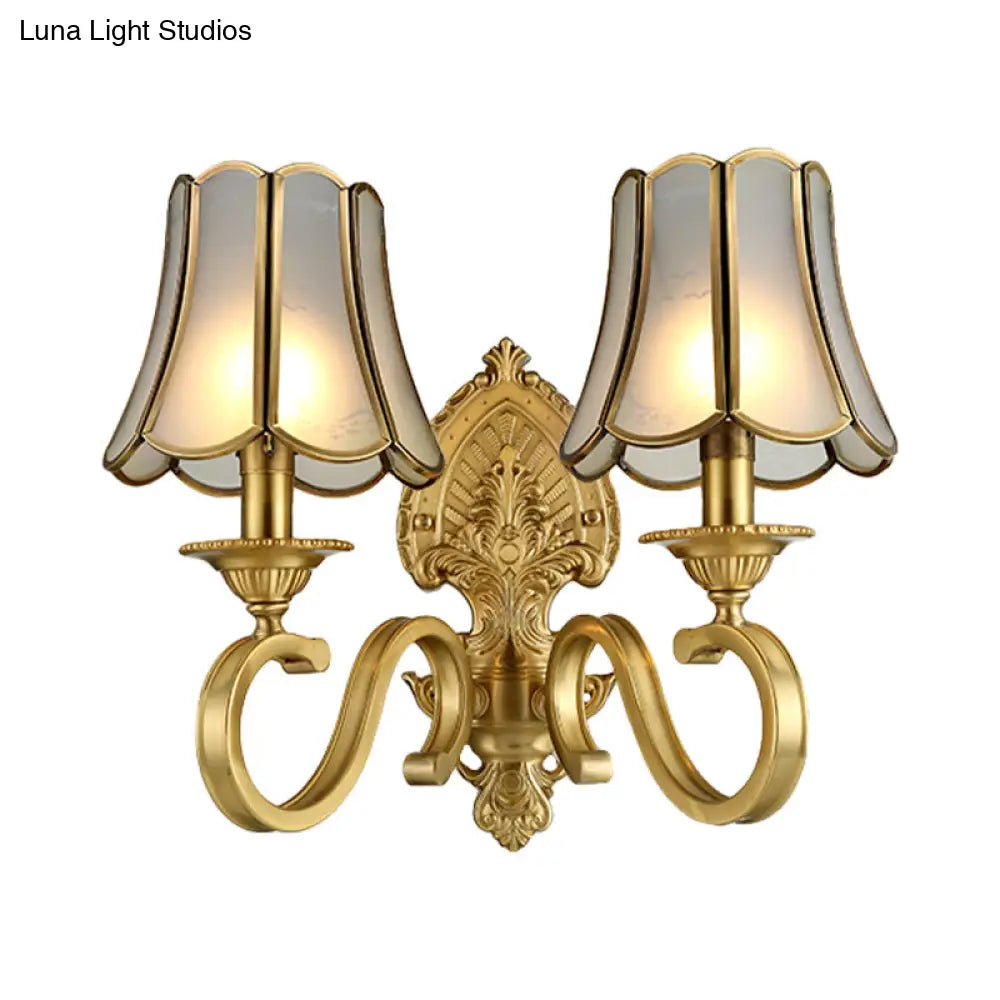 Golden Retro Sconce Light With Metallic Flared Beveled Glass Shade - Curved Arm Wall Lighting