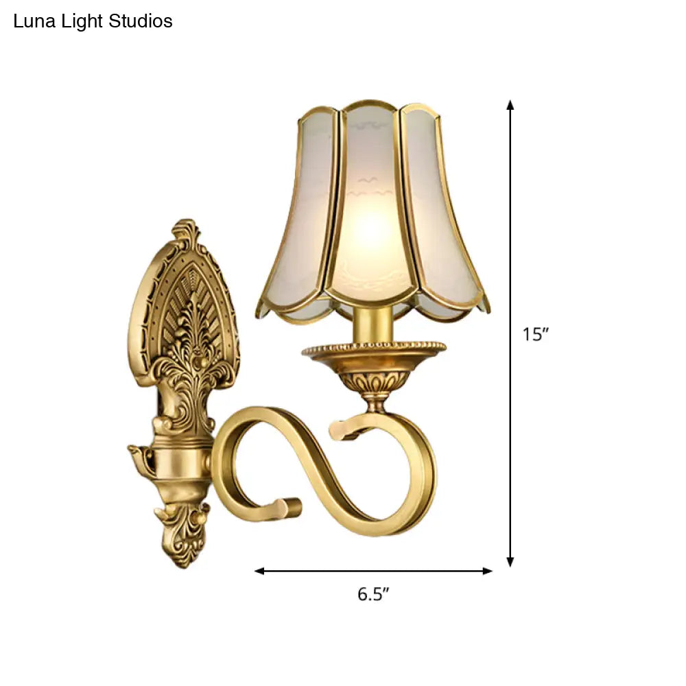 Golden Retro Sconce Light With Metallic Flared Beveled Glass Shade - Curved Arm Wall Lighting