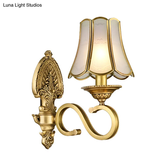 Golden Retro Sconce Light With Metallic Flared Beveled Glass Shade - Curved Arm Wall Lighting