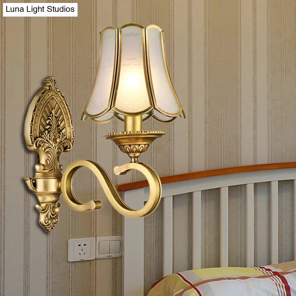 Golden Retro Sconce Light With Metallic Flared Beveled Glass Shade - Curved Arm Wall Lighting