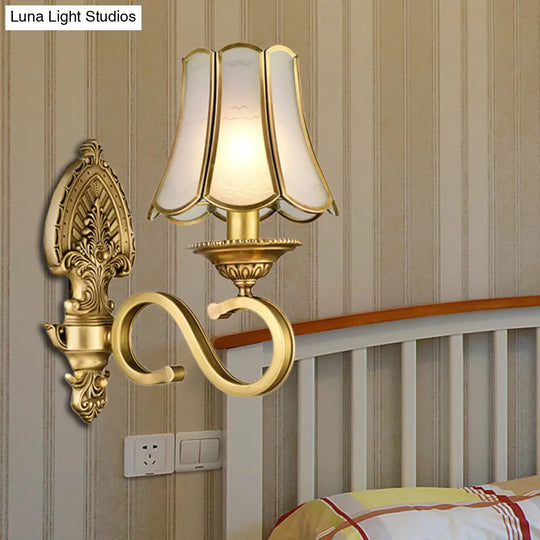 Golden Retro Sconce Light With Metallic Flared Beveled Glass Shade - Curved Arm Wall Lighting