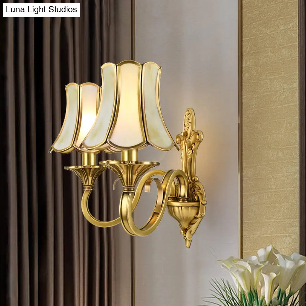 Golden Retro Sconce Light With Metallic Flared Beveled Glass Shade - Curved Arm Wall Lighting