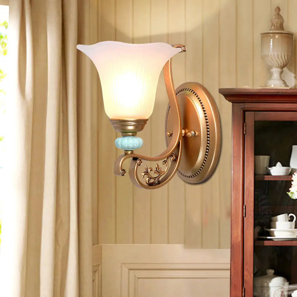 Golden Scalloped Wall Sconce Light With Milky Glass Shade For Bedroom 1 / Gold