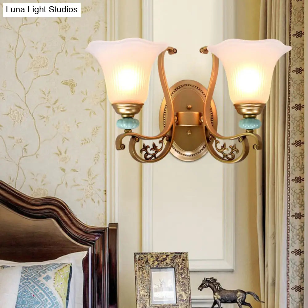 Golden Scalloped Wall Sconce Light With Milky Glass Shade For Bedroom