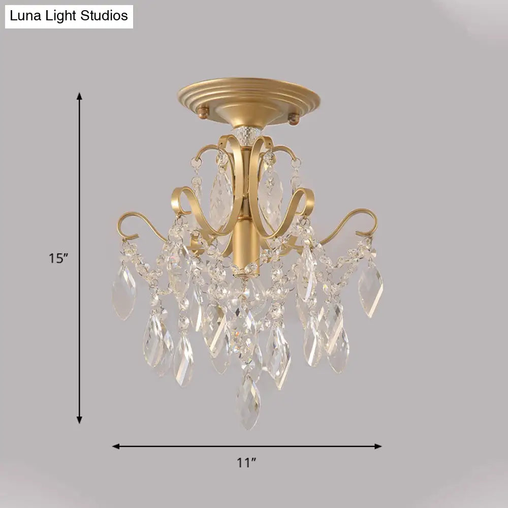 Golden Semi Flush Mount Light With Crystal Droplet - Traditional Bent Arm Design