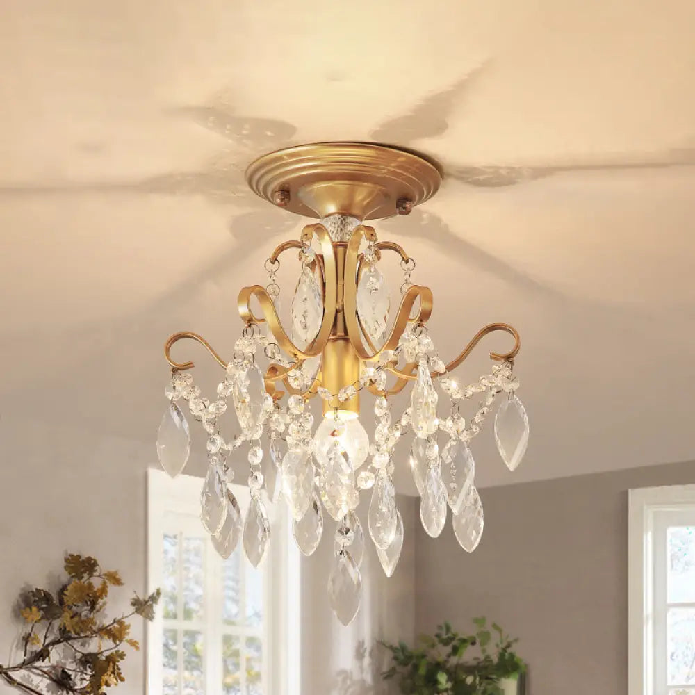 Golden Semi Flush Mount Light With Crystal Droplet - Traditional Bent Arm Design Gold