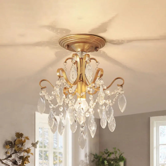 Golden Semi Flush Mount Light With Crystal Droplet - Traditional Bent Arm Design Gold