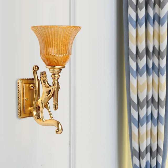Golden Steed Resin Wall Lamp With Upward Amber Carved Shade - Vintage Retro Style Gold