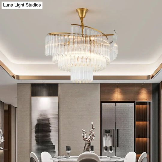 Gold Led Pendant Chandelier With Crystal Rod Shade - 8-Bulb Tiered Light Fixture For Living Room