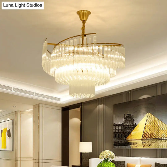 Gold Led Pendant Chandelier With Crystal Rod Shade - 8-Bulb Tiered Light Fixture For Living Room