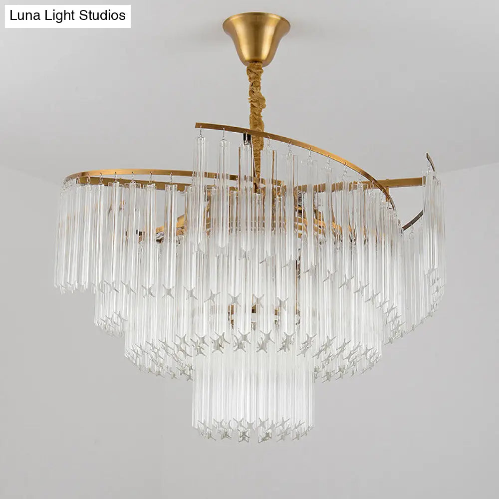 Gold Led Pendant Chandelier With Crystal Rod Shade - 8-Bulb Tiered Light Fixture For Living Room