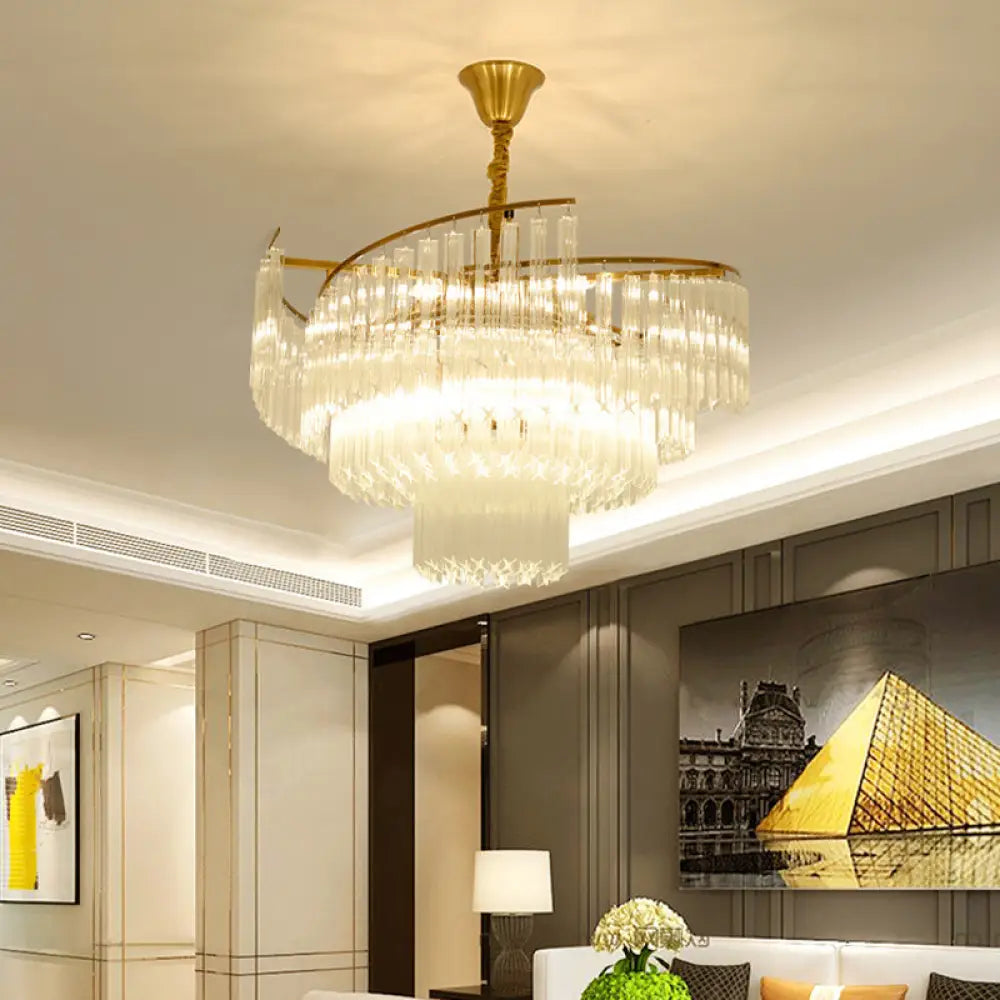 Golden Tiered Crystal Rod Chandelier: 8-Bulb Led Pendant Light For Living Room Gold