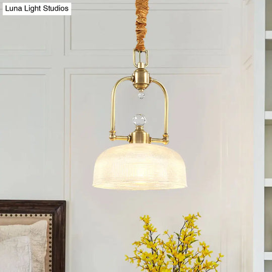 Golden Traditional Pendant Light With Clear Prismatic Glass Shade And Metal Suspension