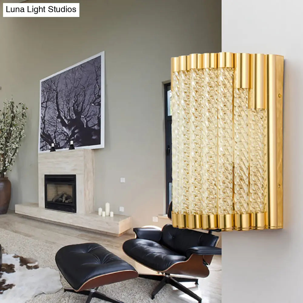 Golden Tube Wall Sconce With Crystal Shade - Retro 2-Light Fixture