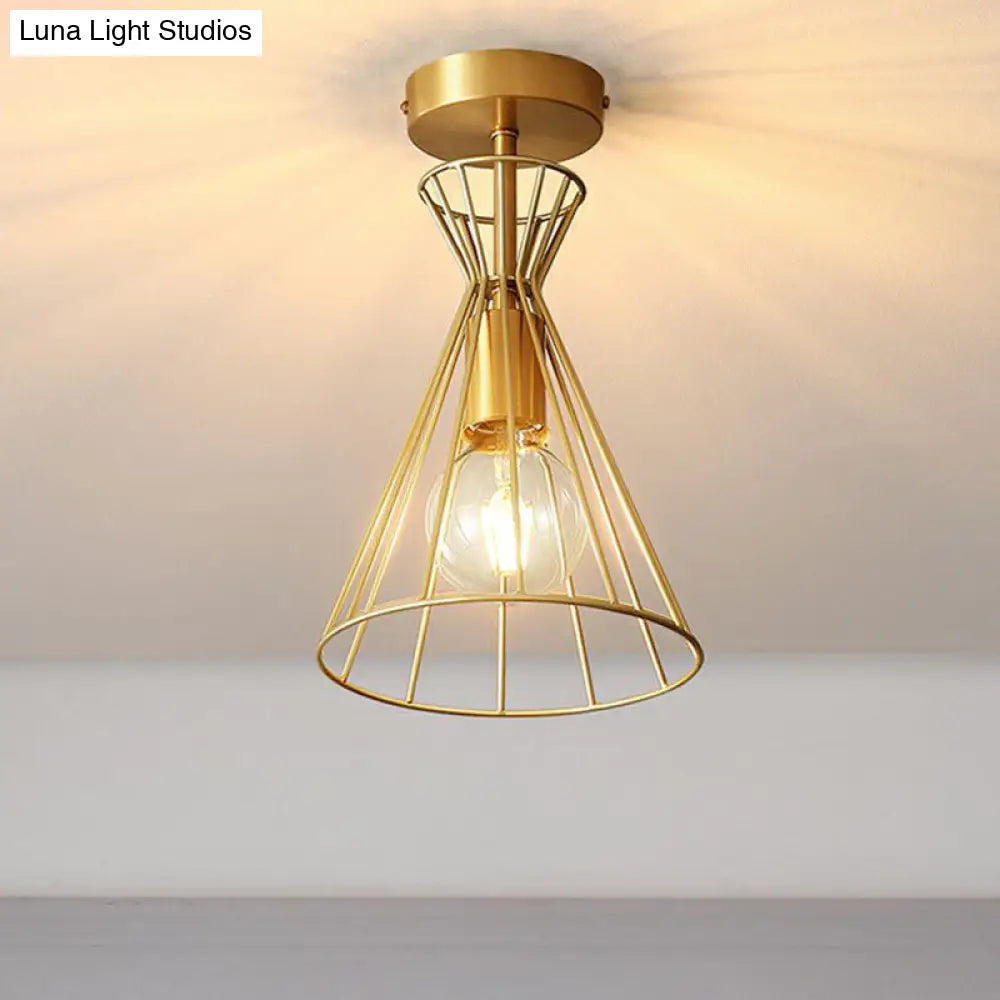 Golden Vintage Hourglass Semi-Flush Ceiling Light With Single Bulb Gold