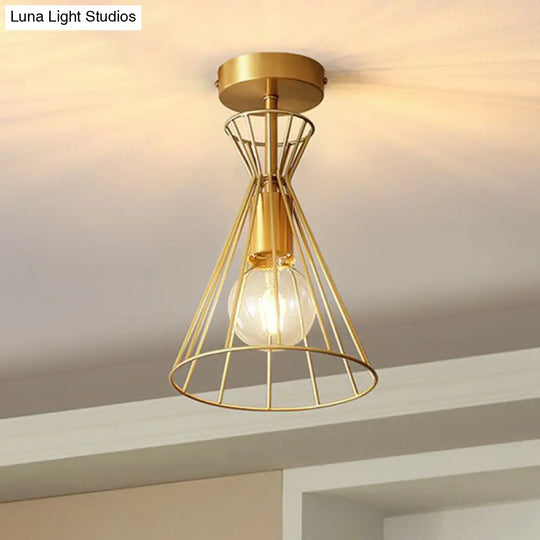 Golden Vintage Hourglass Semi-Flush Ceiling Light With Single Bulb