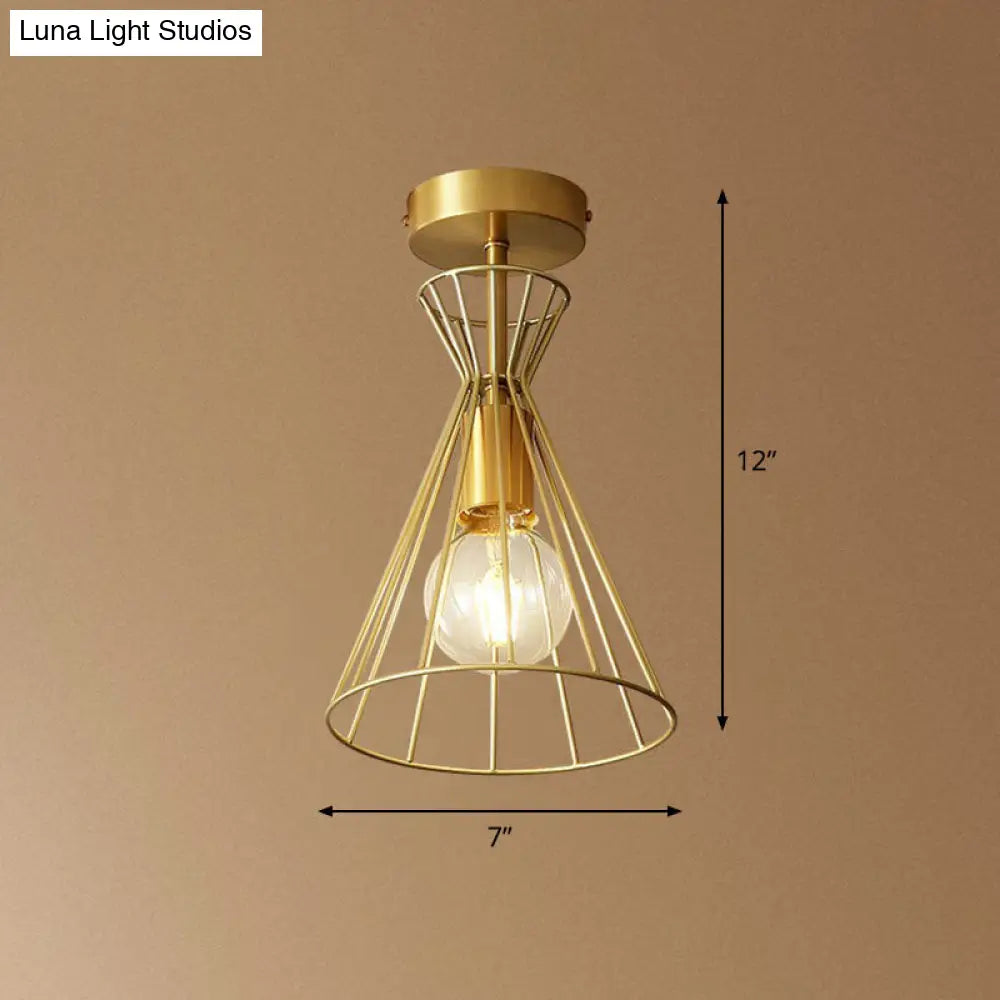 Golden Vintage Hourglass Semi-Flush Ceiling Light With Single Bulb