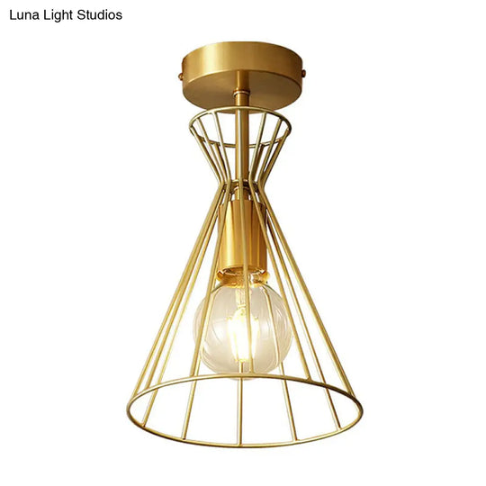 Golden Vintage Hourglass Semi-Flush Ceiling Light With Single Bulb