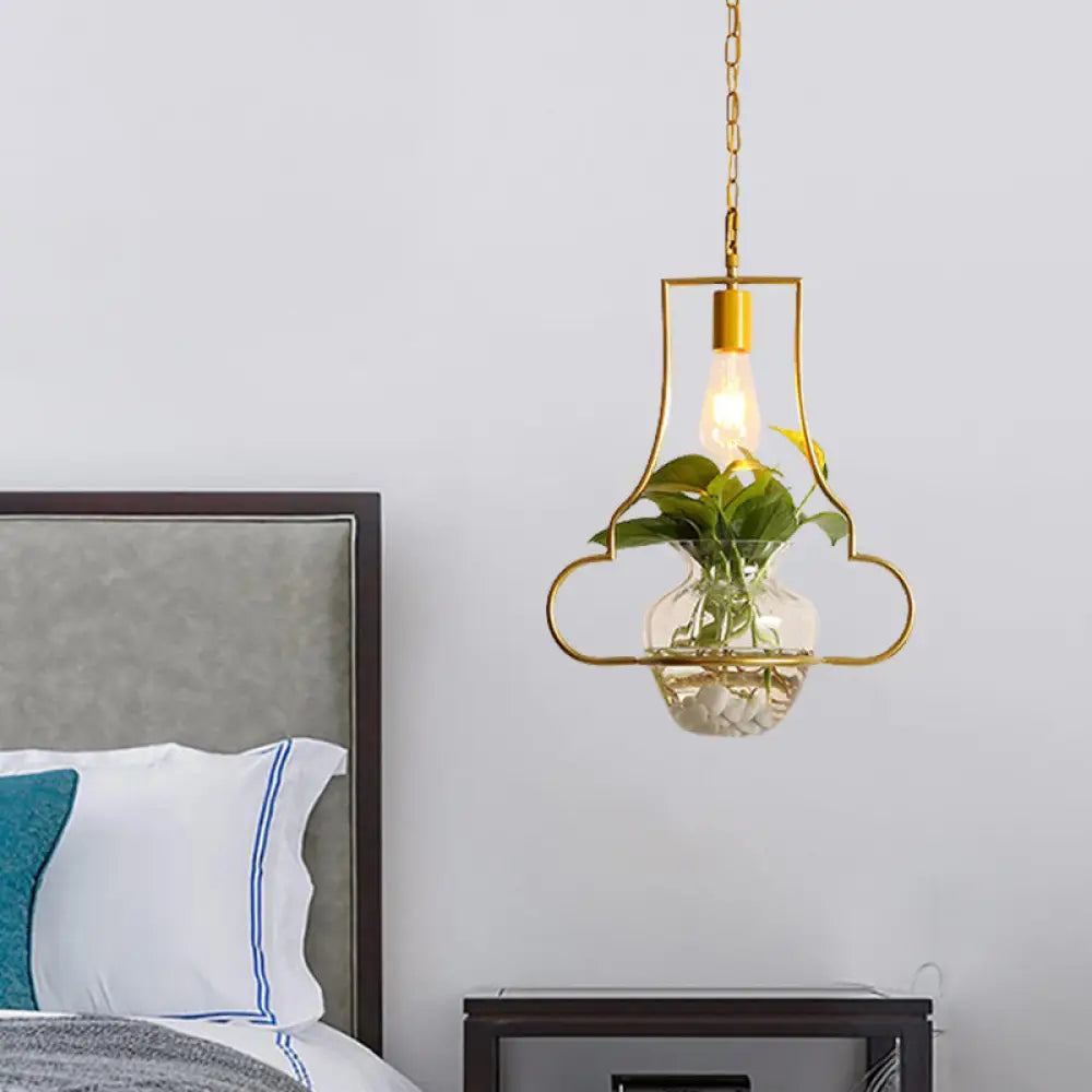 Golden Vintage Pendant Light With 1 Bulb And Potted Plant For Living Room Gold / D