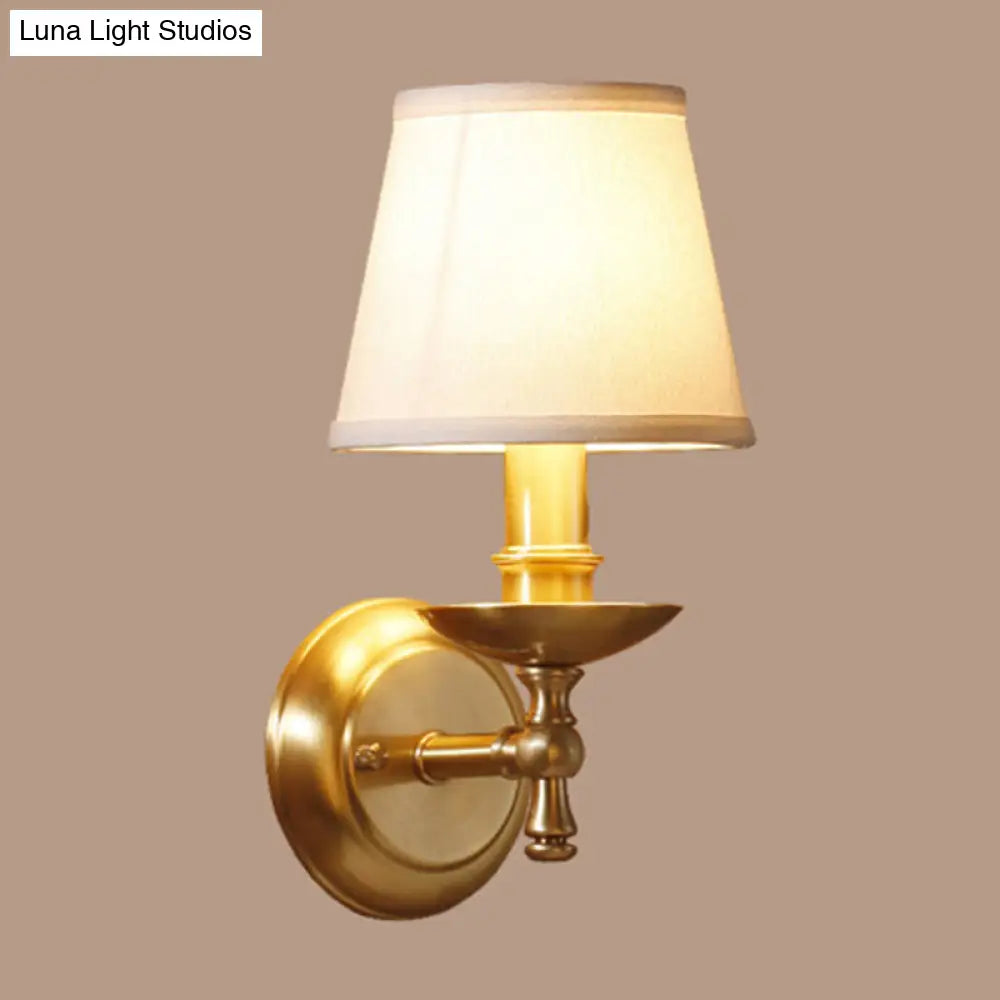 Golden Wall Mount Light With Traditional Fabric Tapered Shade - Bedroom Fixture