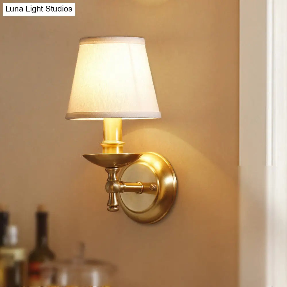 Golden Wall Mount Light With Traditional Fabric Tapered Shade - Bedroom Fixture