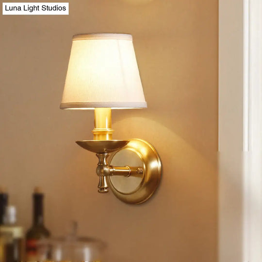 Golden Wall Mount Light With Traditional Fabric Tapered Shade - Bedroom Fixture