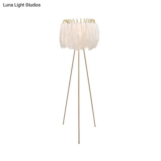 Goose Feather Tripod Drum Floor Lamp - Brass And White