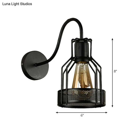 Gooseneck Arm Black Metal Wall Mount Light - Bottle Cage Industrial Sconce Lighting