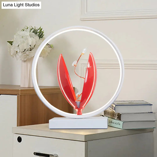 Led Nightstand Light - Elegant Flowering Aluminum Table Lamp With Crystal Accent In Black/Red/Pink