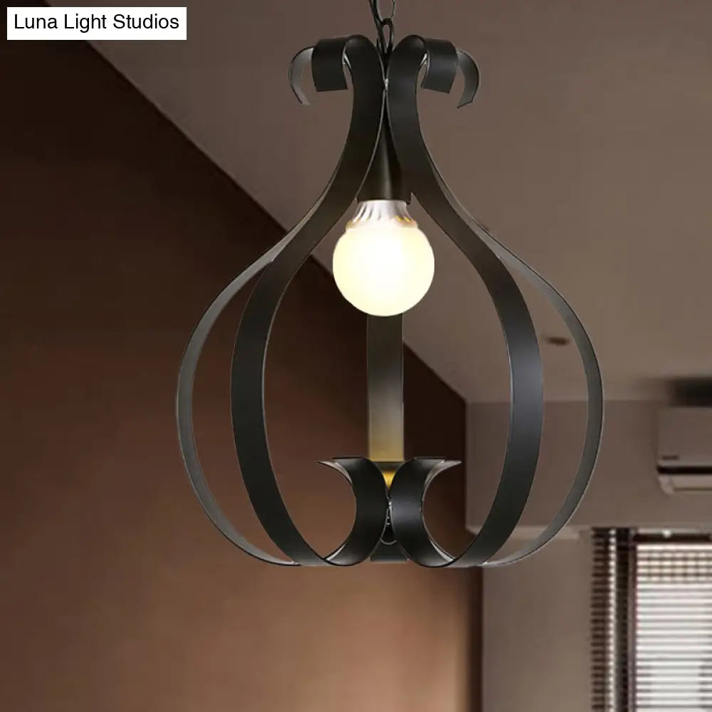 Gourd Cage Pendant Light - 1-Head Ceiling Lamp In Metallic Black Or White For Industrial Living