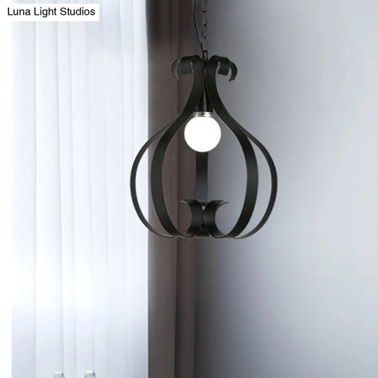 Gourd Cage Pendant Light - 1-Head Ceiling Lamp In Metallic Black Or White For Industrial Living
