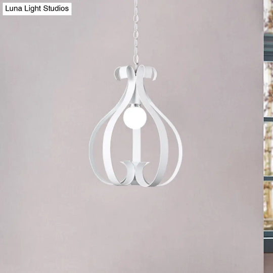 Industrial Gourd Cage Pendant Light - Metallic 1-Head Ceiling Hanging Lamp In Black/White For Living