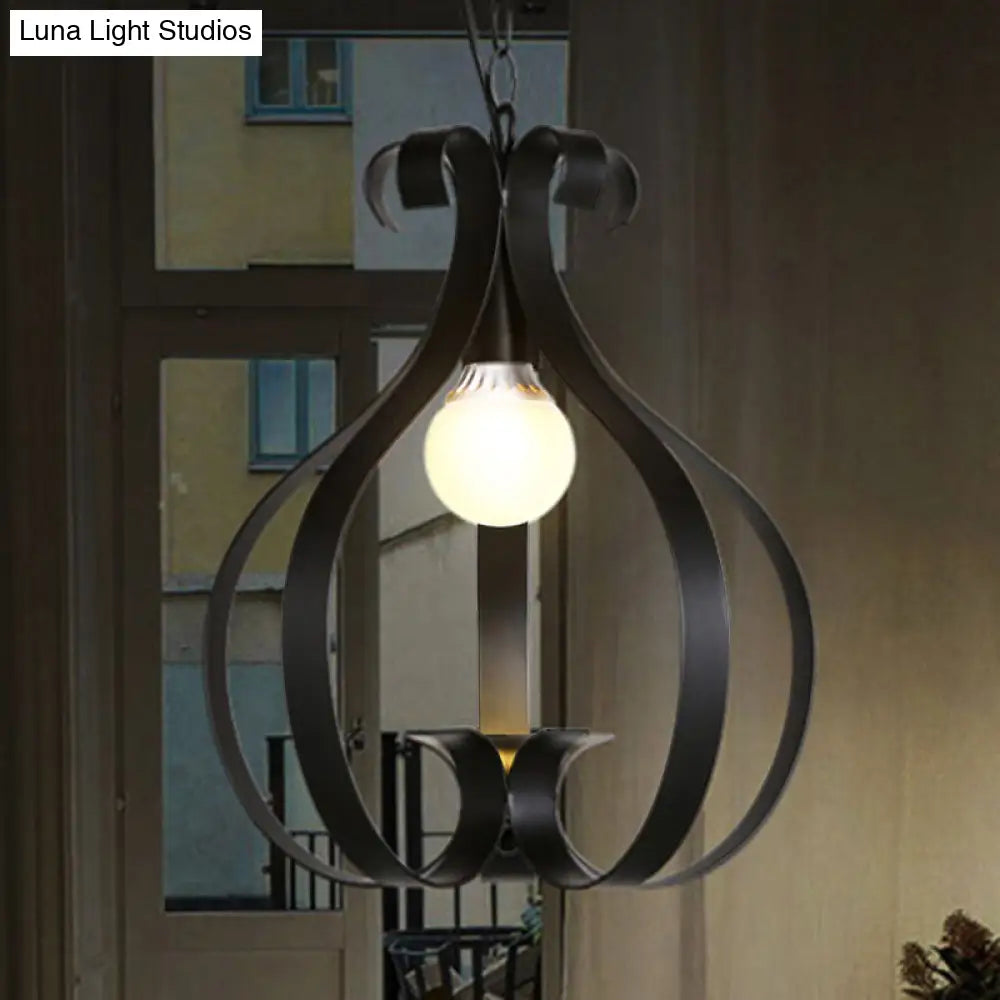 Industrial Gourd Cage Pendant Light - Metallic 1-Head Ceiling Hanging Lamp In Black/White For Living