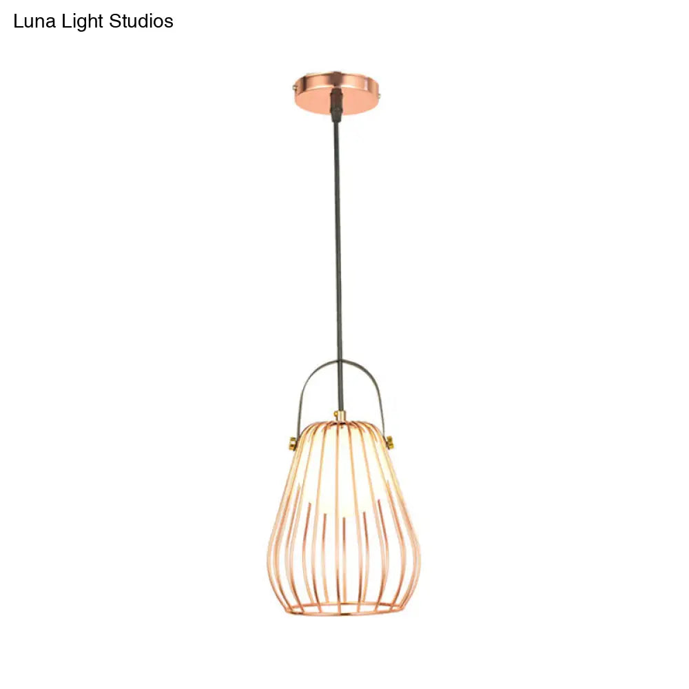 Gourd Cage Pendant Light Kit - Minimalist Metal Hanging Ceiling (1 Light) In Black/White/Rose Gold