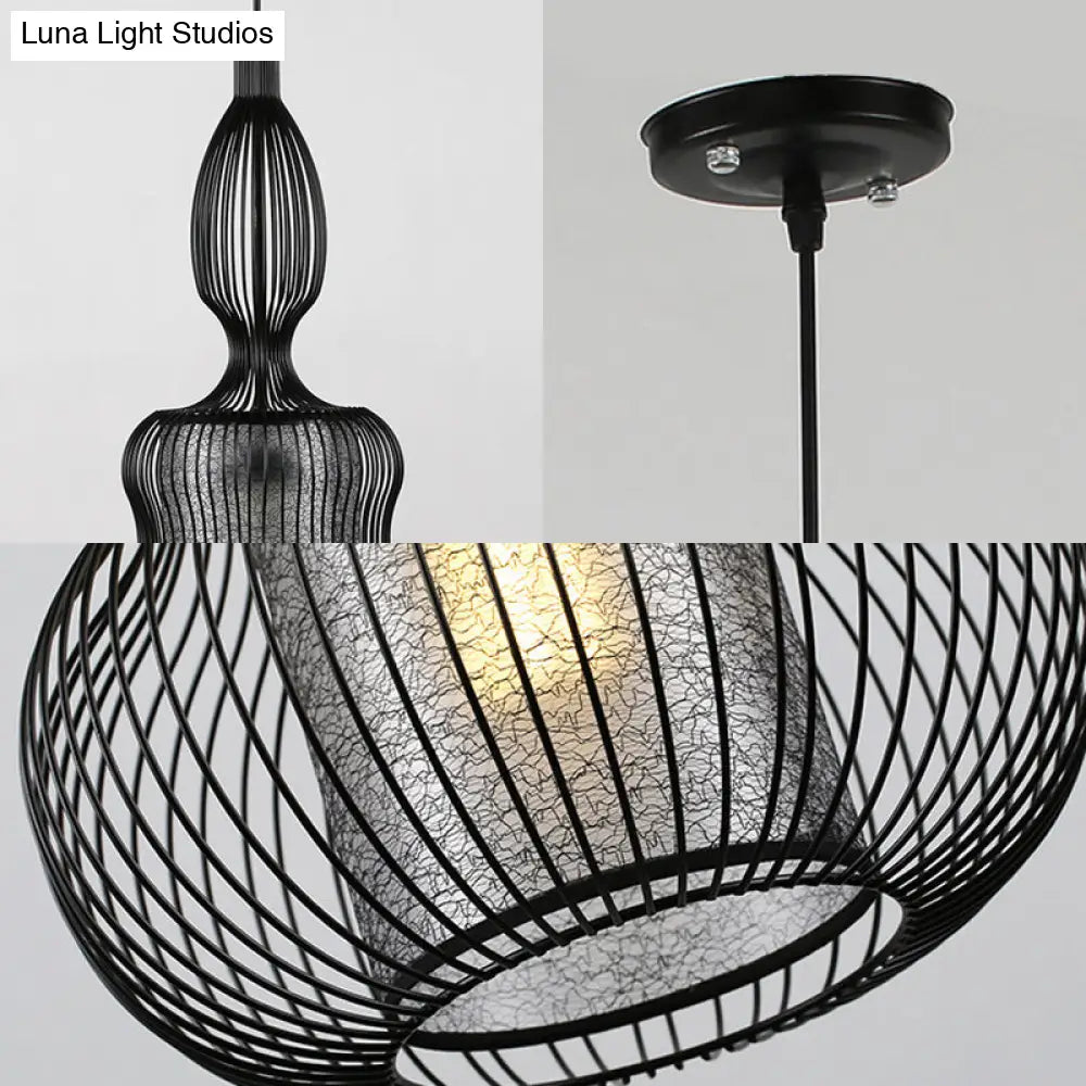 Gourd Cage Pendant Light - Simple Elegant Metal Hanging With Cylinder Shade Inside Black