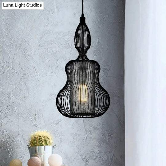 Gourd Cage Pendant Light - Simple Elegant Metal Hanging With Cylinder Shade Inside Black