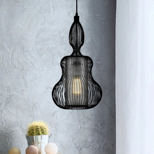 Gourd Cage Pendant Light - Simple Style Metal Black Hanging With Cylinder Shade