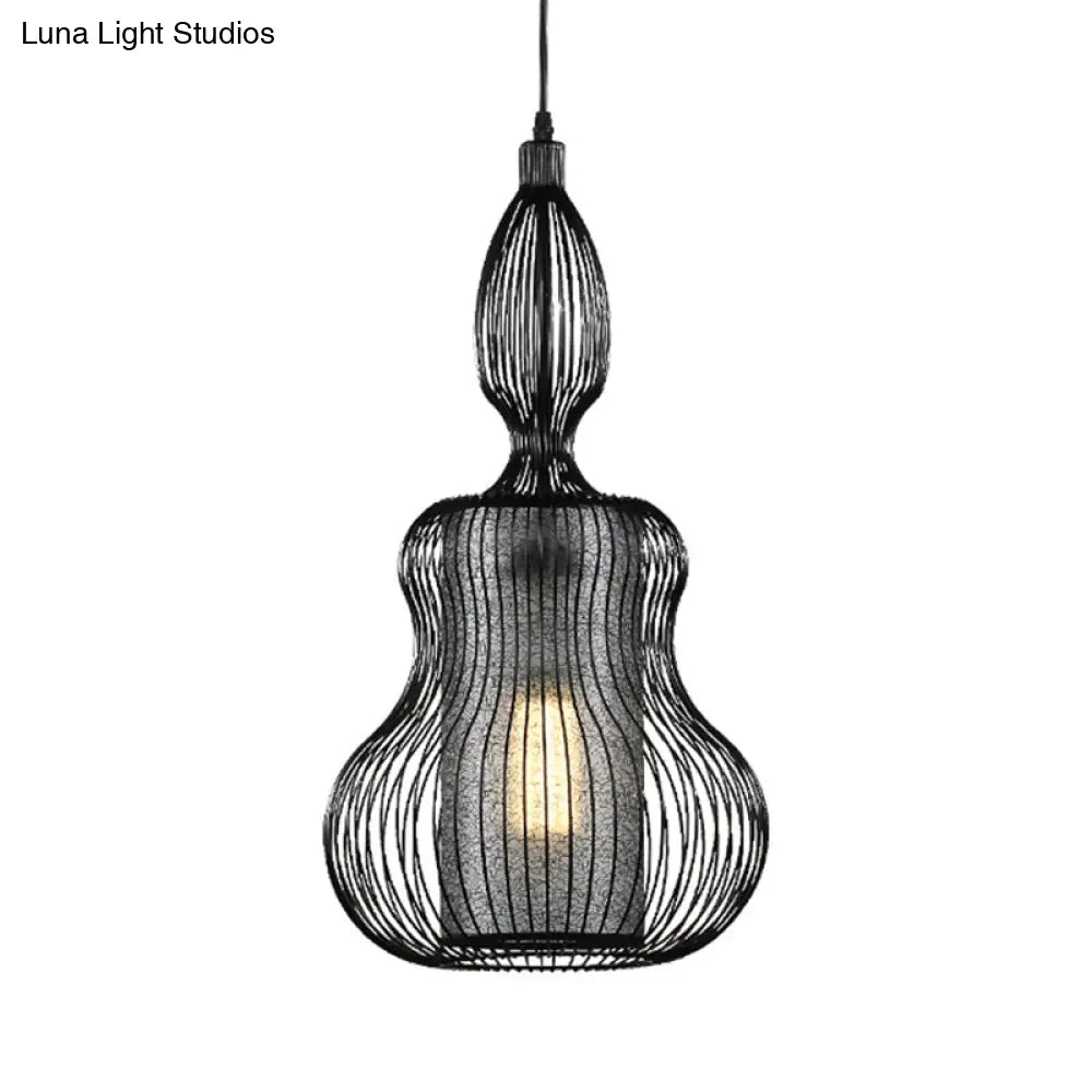 Gourd Cage Pendant Light - Simple Style Metal Black Hanging With Cylinder Shade