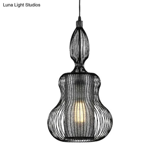 Gourd Cage Pendant Light - Simple Elegant Metal Hanging With Cylinder Shade Inside Black