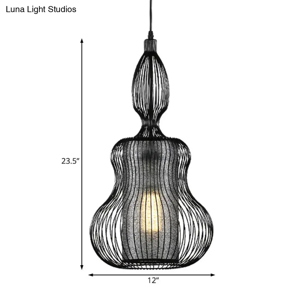 Gourd Cage Pendant Light - Simple Elegant Metal Hanging With Cylinder Shade Inside Black