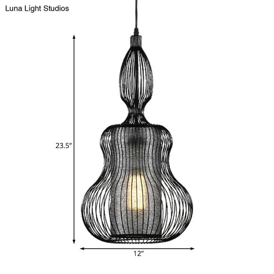 Gourd Cage Pendant Light - Simple Elegant Metal Hanging With Cylinder Shade Inside Black